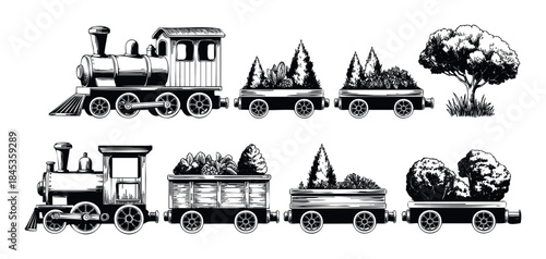 Black and white ink drawing of steam locomotives with cargo wagons filled with plants and trees, ideal for garden center promotions or naturethemed graphics.