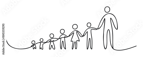 Stylized continuous line drawing depicts a family of stick figures of increasing size holding hands, symbolizing growth and generational connection for use in various conceptual projects.