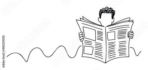 Simple outline drawing of a man reading a newspaper, perfect for concepts of news, information and relaxation in graphic projects