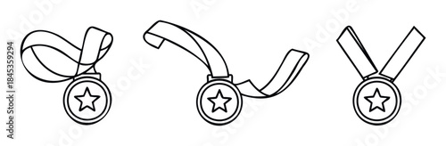 Collection of three simple line drawings of medals with stars, perfect for representing achievement, victory, and awards in graphic projects.