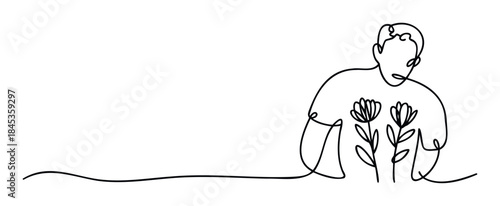 Continuous line drawing of a person holding flowers symbolizing love and growth, perfect for wellness, selfcare, and organic product promotions