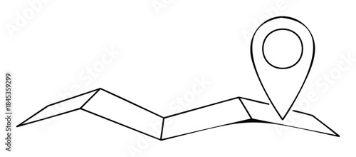 Simple line drawing of a folded map with a location pin indicating a destination, perfect for travel planning and navigation themes.