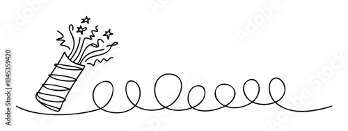 Black and white line drawing of a party popper exploding with stars and streamers and a coiled spring or ribbon extending to the right for celebrations and announcements