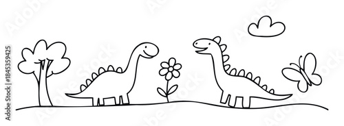 Whimsical line drawing of two friendly dinosaurs with a tree, flower, and butterfly, perfect for childrens books, party invitations, and playful decor.
