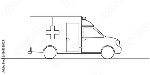 Ambulance vehicle in continuous line art drawing style. Emergency ambulance van with Red Cross symbol black linear, Ambulance car continuous one line drawing. Ambulance van single line art.