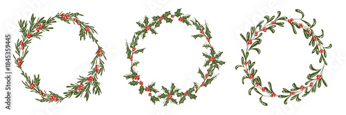 Whimsical Christmas wreath set with winter floral elements. Mistletoe, branches, berries circle frames. Vector hand drawn sketch illustration for seasonal greeting card, invitations with copy space
