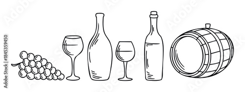 Line drawing set of wine bottle glasses grapes and barrel for beverage advertisement and vineyard promotion