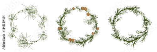 Christmas wreath set with fir tree branches and pine cones. Evergreen Christmas tree circle frames. Vector hand drawn sketch illustration for seasonal greeting card, invitations with copy space