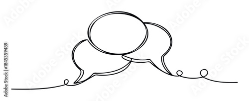 Minimalist continuous line drawing of two overlapping speech bubbles representing communication, conversation, and idea sharing for web and print use.