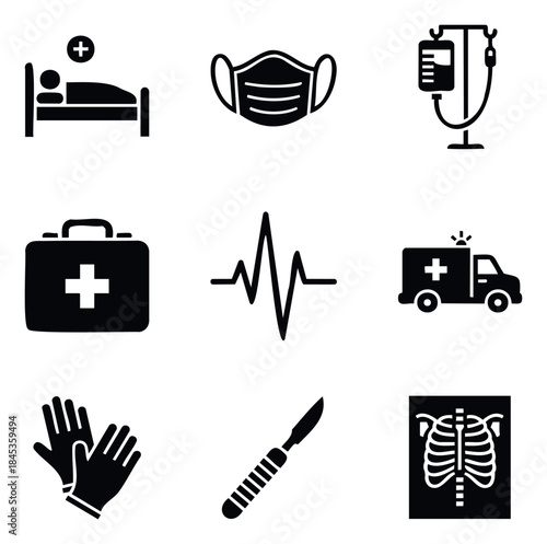 Collection of medical icons for healthcare and emergency services, including patient in bed, mask, IV drip, first aid kit, heartbeat, ambulance, gloves, scalpel, and Xray, ideal for medical