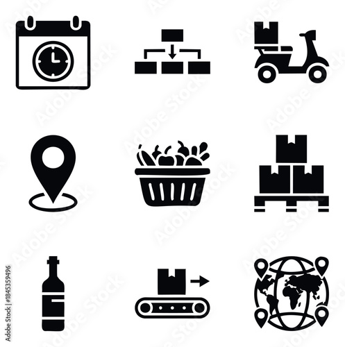Set of modern logistic and delivery service icons featuring calendar with clock, flowchart, scooter, map pin, basket of produce, pallet with boxes, bottle, conveyor belt, and global map