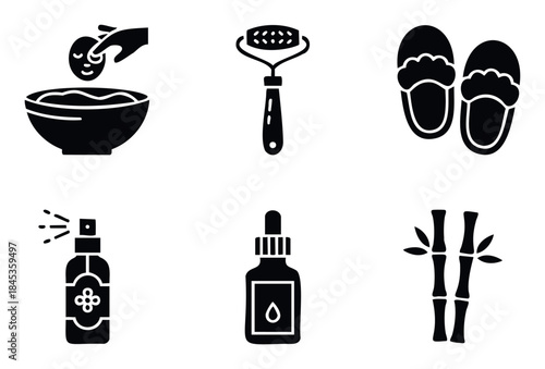 Wellness and self care icons including face mask preparation, roller, slippers, spray bottle, serum dropper, and bamboo for spa treatments and relaxation applications