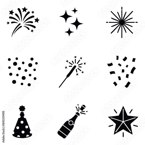 Celebration icons featuring fireworks, sparklers, confetti, party hat, and champagne bottle for festive occasions and joyous events.