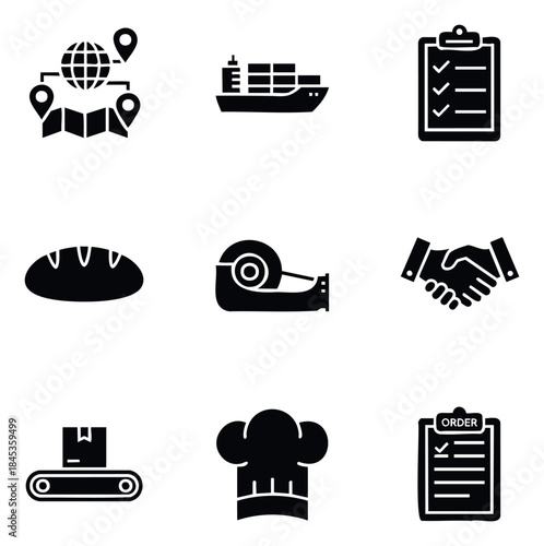 Set of nine universal icons representing global shipping logistics, food, supplies, agreements, and kitchen professions for business and industry applications.