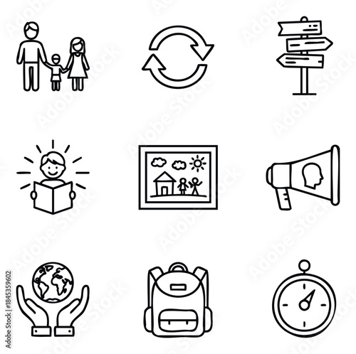 Collection of simple line icons representing family, recycling, direction, education, community, communication, and global care for use in various projects