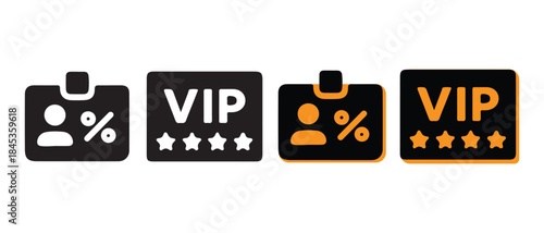 VIP Membership Icons. Discount and Premium Badge Designs in Black and Orange Styles.