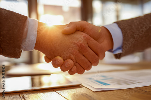 Business partners shaking hands over a wooden desk with financial documents and a tablet in a warmly lit office environment during a successful meeting