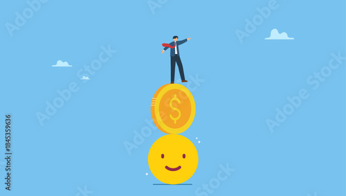 Businessman balancing himself on stack of smile face and dollar coin. Balance between money and happiness, wealth and health, choosing meaningful life and real success.