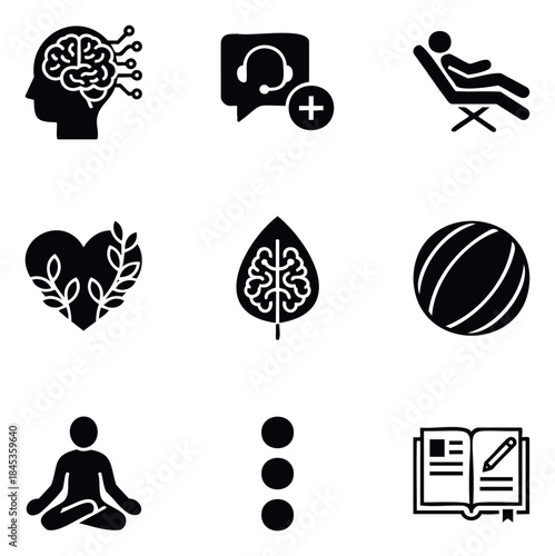 Collection of nine modern glyph icons representing mental wellness, communication, relaxation, nature, and learning for health or technology themes.
