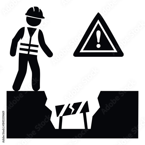 Construction worker in safety gear stands on edge of gap with warning sign and barrier, conceptualizing construction hazard safety and risk management for safety awareness.