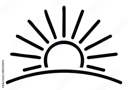 Simple black line drawing of a rising sun with radiating beams above a curved horizon, perfect for representing new beginnings, hope, or a fresh start in various visual projects.
