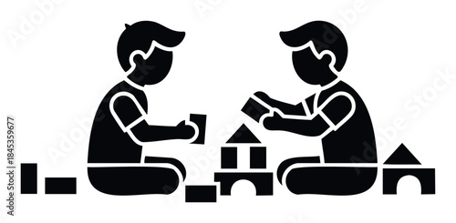 Two children playing with building blocks, developing creativity and learning through collaborative construction play for early childhood education and fun activities.