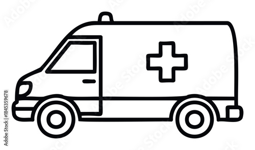 Simple line drawing of an ambulance with a medical cross, ideal for emergency services and healthcare related projects.