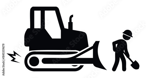 Bulldozer working with a construction worker digging on a site, perfect for representing industrial projects and heavy machinery operations in civil engineering and renovation content.