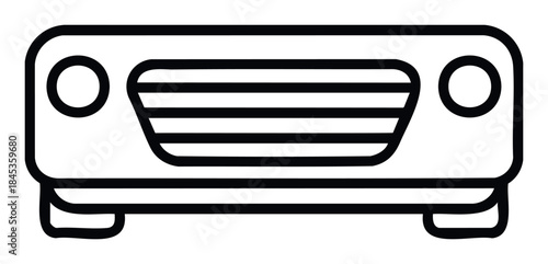 Stylized black line drawing of a car radiator grill with circular headlights and base, representing automotive parts or engine cooling systems in graphic designs.