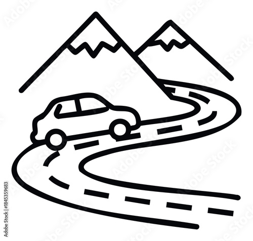 A car driving on a winding mountain road with sharp peaks in the background, ideal for travel or adventure concepts.