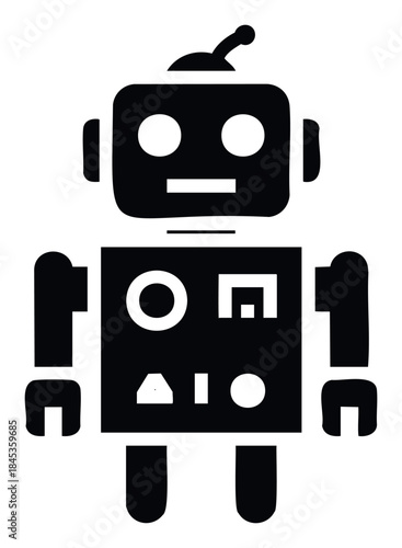 A stylized black robot graphic with geometric shapes on its torso representing technology and automation, perfect for use in tech branding and digital media projects.
