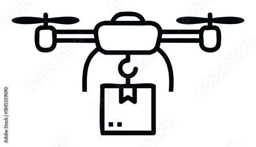 Drone delivering a package using a hook, symbolizing modern logistics and fast delivery services for online shopping and urban transport.