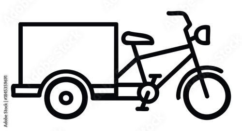 Simple black line drawing of a threewheeled cargo bicycle with a box for delivery services or transportation, perfect for logistics and courier concepts.