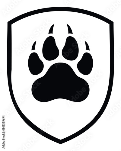 Black paw print inside a shield emblem representing protection and animal advocacy, ideal for security services or pet related businesses.