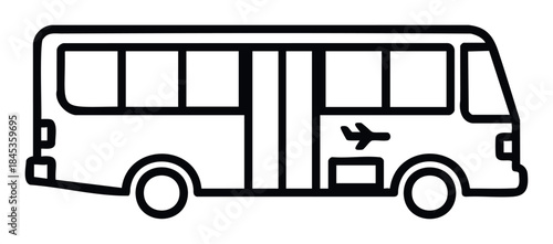 Black and white line art icon of an airport shuttle bus with windows and an airplane symbol, useful for travel and transportation services.