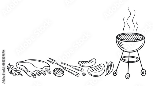 Outdoor BBQ feast featuring grilled meats, ribs, and sausages with barbecue grill and utensils, perfect for summer gatherings and food service promotion