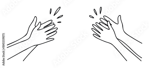 Simple hand drawn outlines of two pairs of clapping hands with sound lines signifying applause, perfect for celebrating achievements or showing appreciation in media projects.