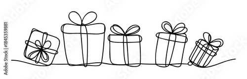 Minimalist single line drawing of five assorted gift boxes with ribbons, perfect for holiday greetings, celebrations, and wrapping paper concepts.
