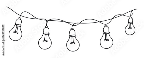 Simple line drawing of a string of five incandescent light bulbs creating a festive and celebratory atmosphere for events or decorations