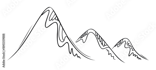 Minimalist outline drawing of three majestic mountain peaks with wavy texture, perfect for naturethemed designs and adventure branding.