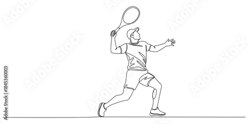Tennis player with racket outline drawing illustration. one continuous line drawing of tennis player hit the ball, tennis player silhouette vector simple continuous one line drawing.