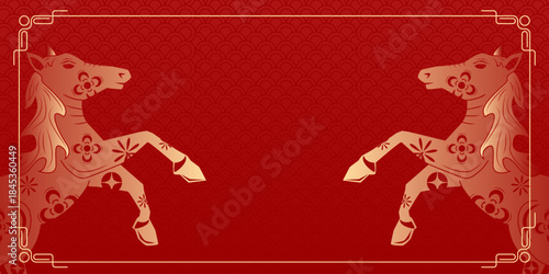 Happy Chinese new year 2026 , modern design set in red, gold and white colors , Year of the horse zodiac , Asia oriental traditional ornament, frame and border ,