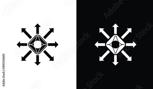 A striking visual composition features a symmetrical design with arrows radiating from a central diamond shape presented in contrasting black and white