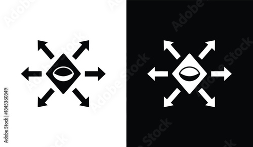 A stark black and white composition depicts a central diamond shape surrounded by outward pointing arrows highlighting duality and contrast in visual design