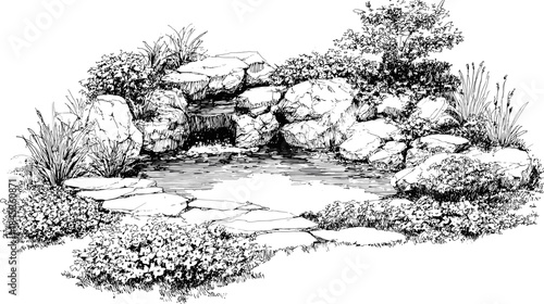 Black and white line drawing of a small garden pond with rocks and different plants for architecture