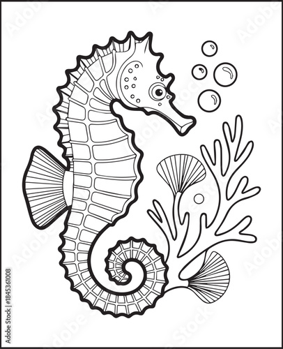 Sea horse in underwater ocean animal beautiful scenery vector outline illustration coloring page for kids 