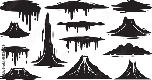 Black lava flow and volcano silhouette set