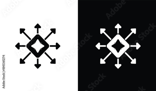 A striking visual presentation displays two symmetrical geometric patterns contrasting black on white and white on black featuring diamond shapes with radiating arrows