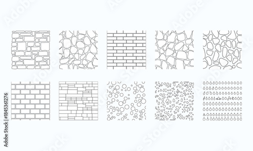 Landscape Architecture CAD Vector Patterns Set. Grass, Water, Stone, Wall, and Texture Elements