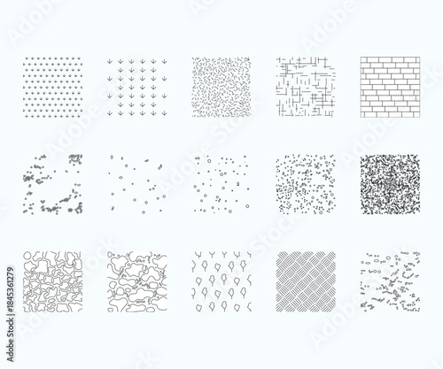 Landscape Architecture CAD Vector Patterns Set. Grass, Water, Stone, Wall, and Texture Elements
